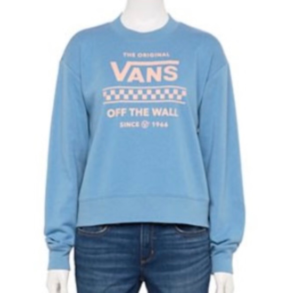 New Vans "Off The Wall" Fleece Pullover Sweatshirt Blue Heaven Peach Logo Large